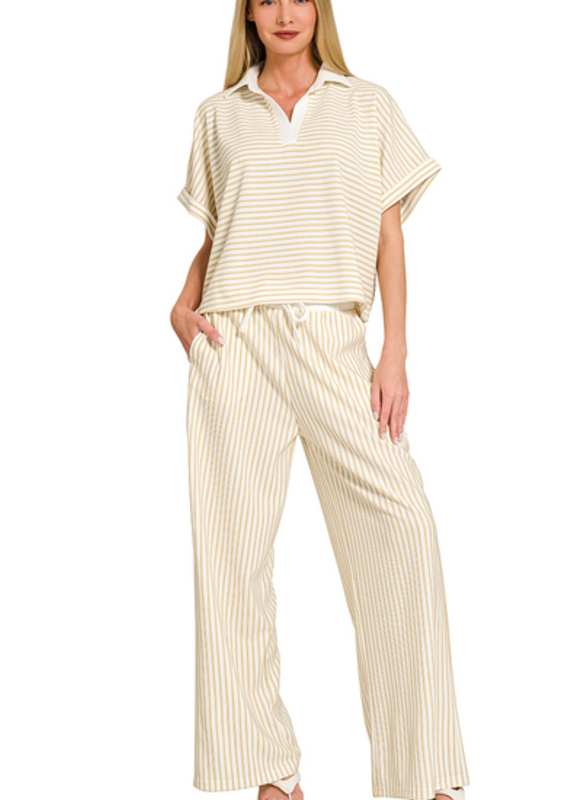 Striped split neck collared top & pants set