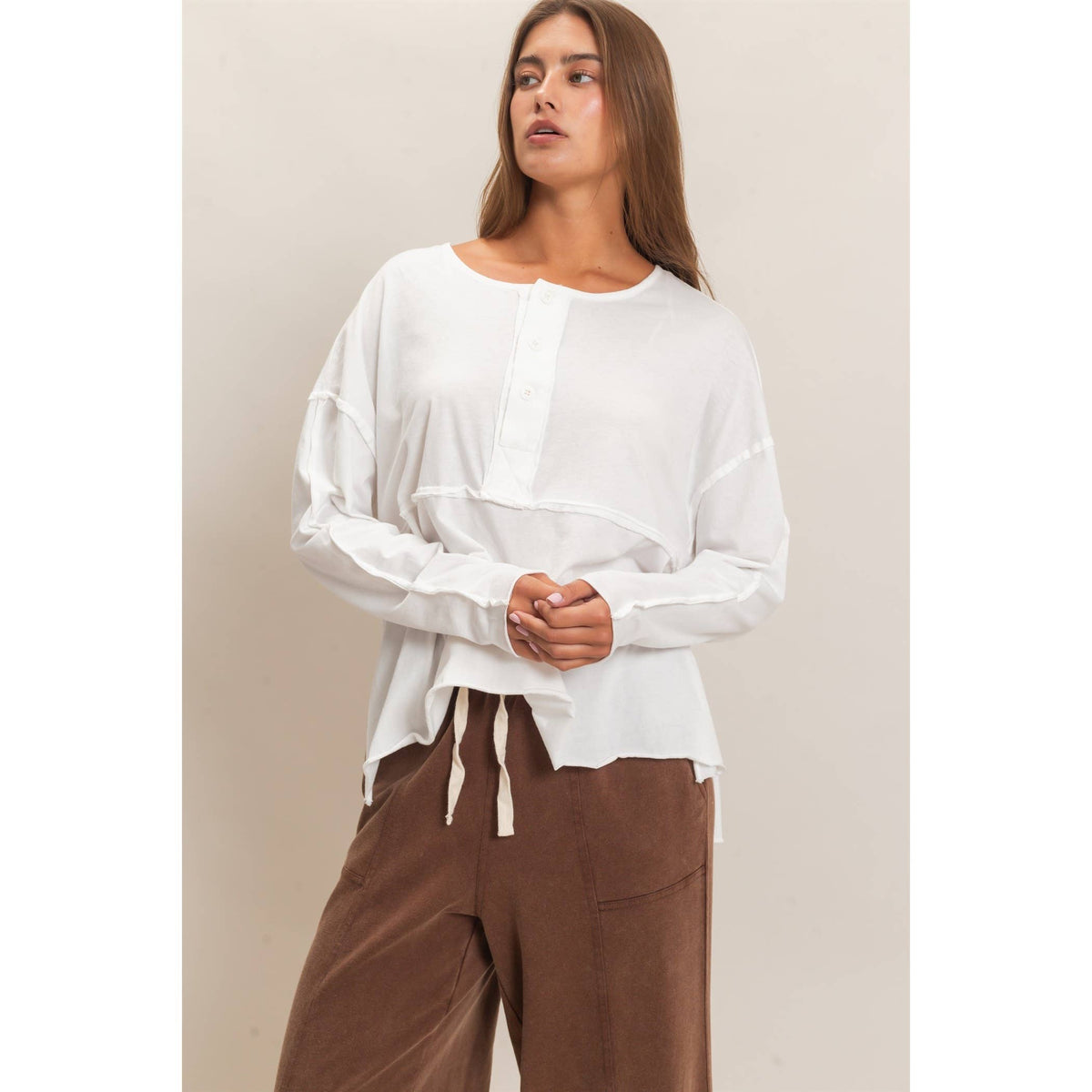 Oversized Henley Top With Raw Edges