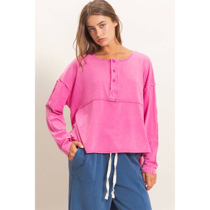 Oversized Henley Top With Raw Edges