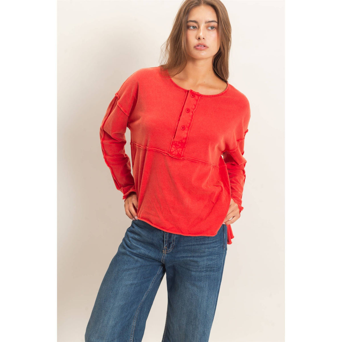 Oversized Henley Top With Raw Edges