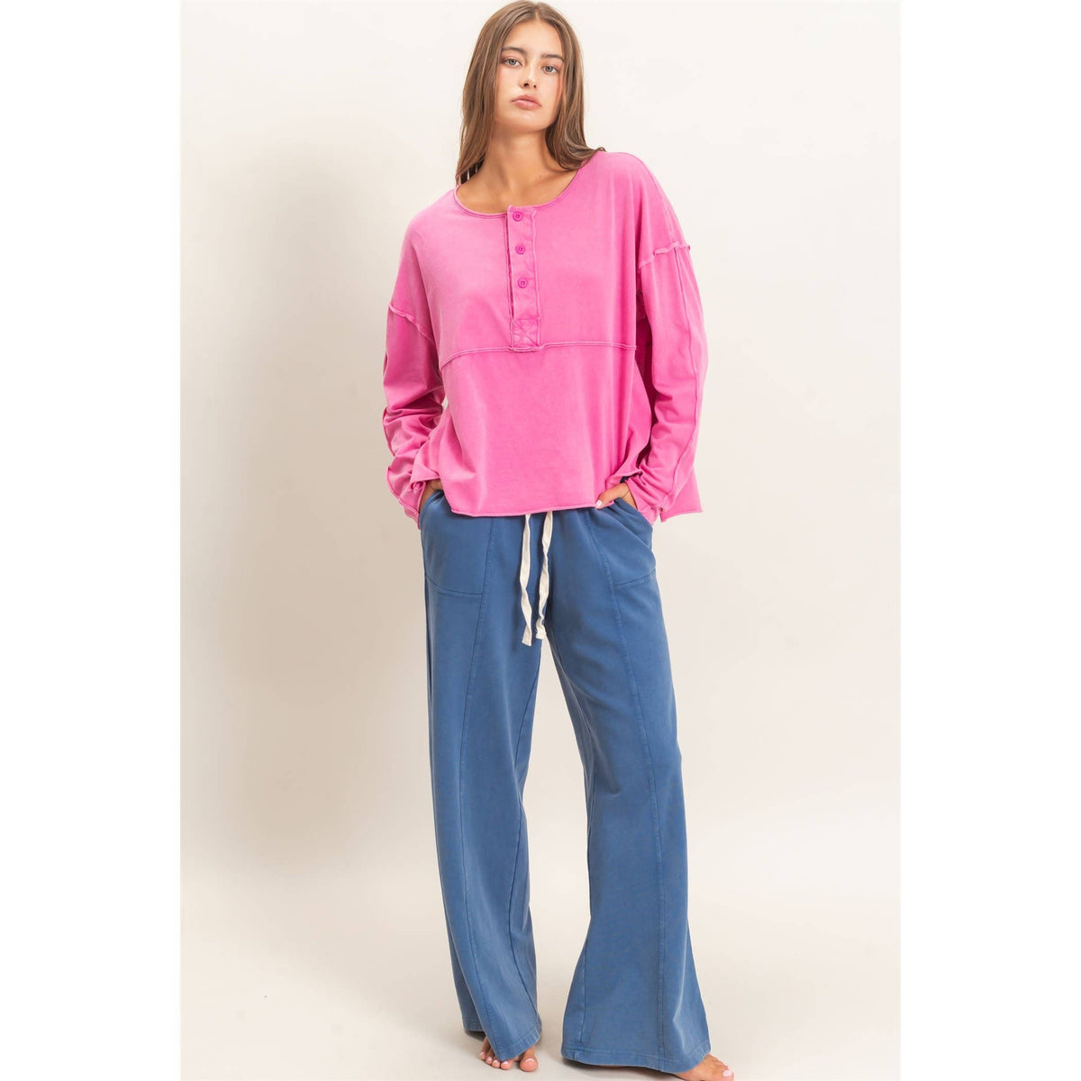 Oversized Henley Top With Raw Edges