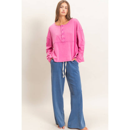 Oversized Henley Top With Raw Edges