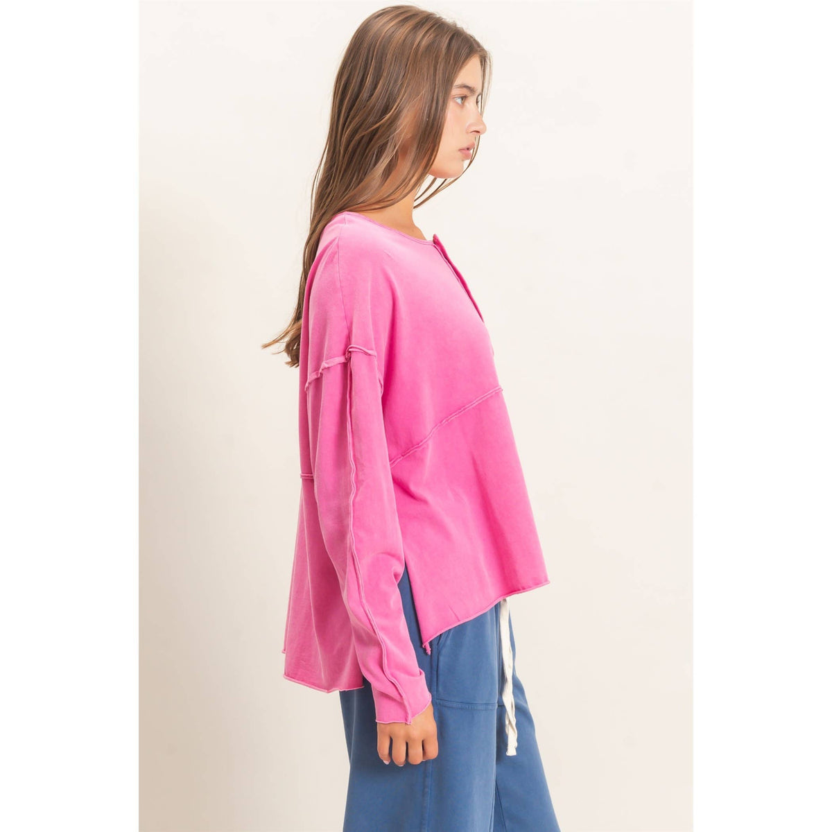 Oversized Henley Top With Raw Edges