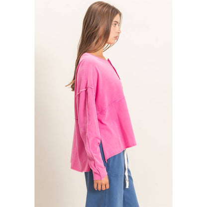 Oversized Henley Top With Raw Edges