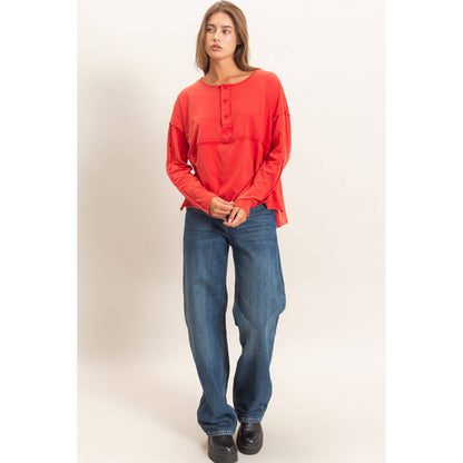 Oversized Henley Top With Raw Edges