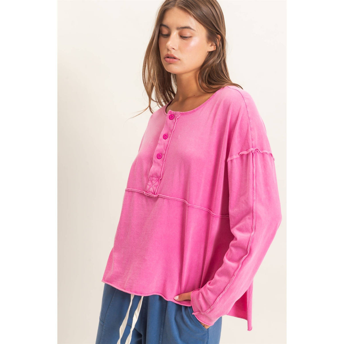 Oversized Henley Top With Raw Edges