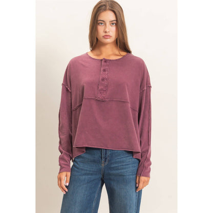 Oversized Henley Top With Raw Edges