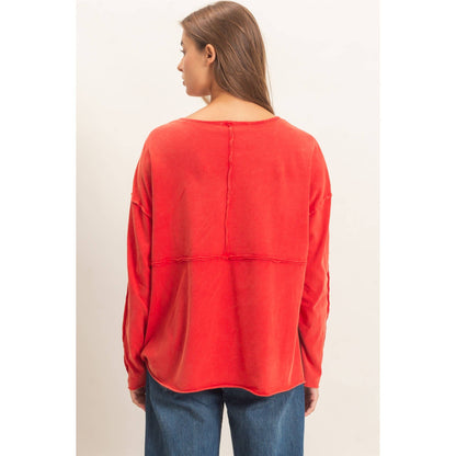 Oversized Henley Top With Raw Edges