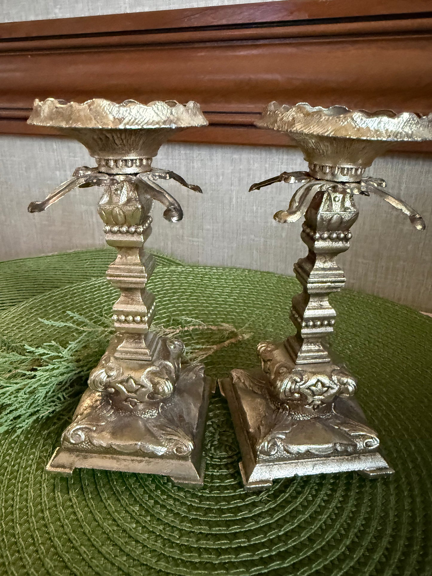 Vintage Hollywood Regency / Baroque Style Ornate Gold Cast Metal Candlestick Holders - Pair