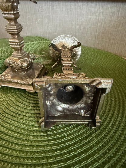 Vintage Hollywood Regency / Baroque Style Ornate Gold Cast Metal Candlestick Holders - Pair