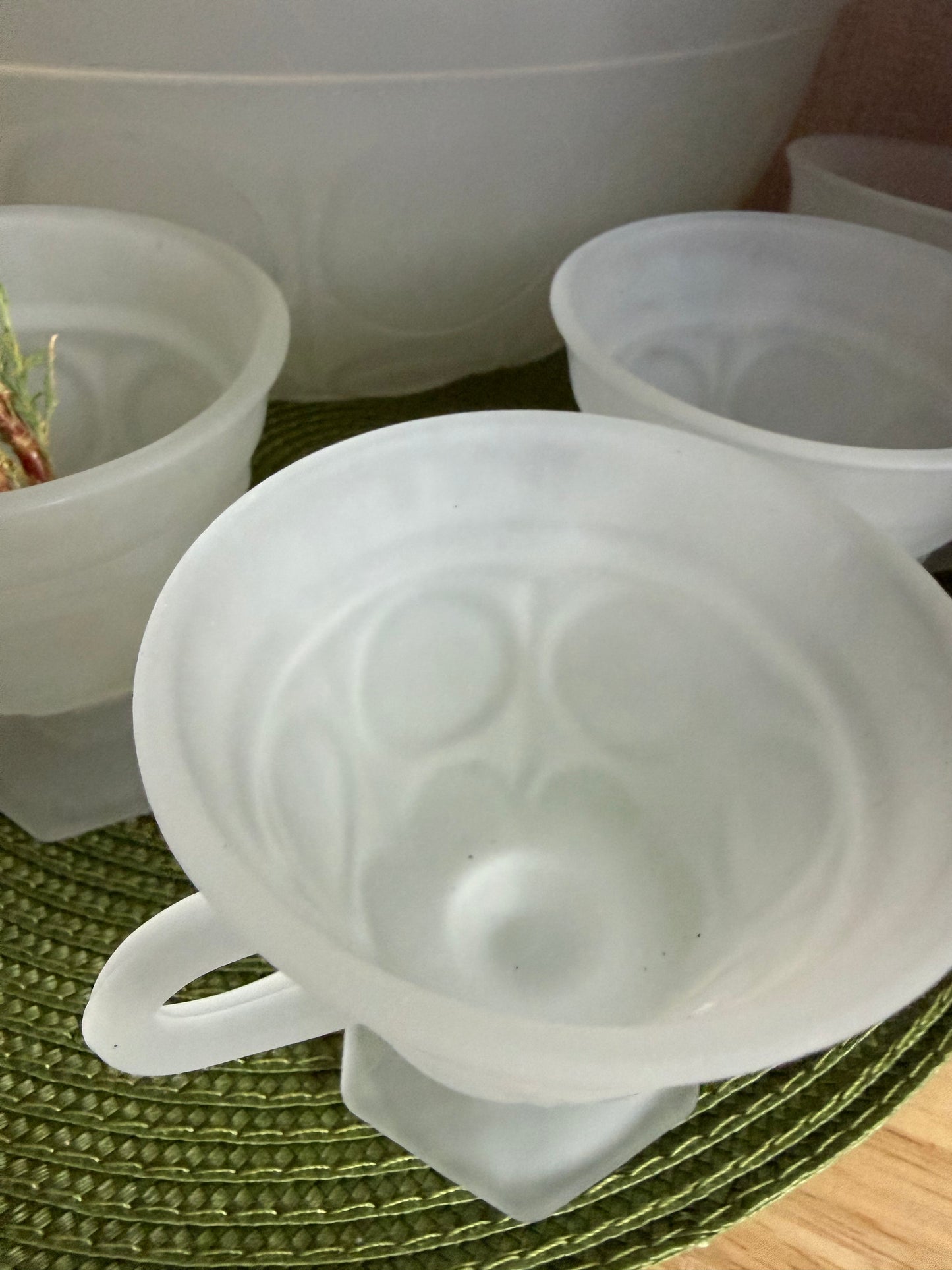 Vintage Tiara Exclusives / Indiana Glass Provincial Pattern Frosted Satin White Punch Bowl Set  12 cups