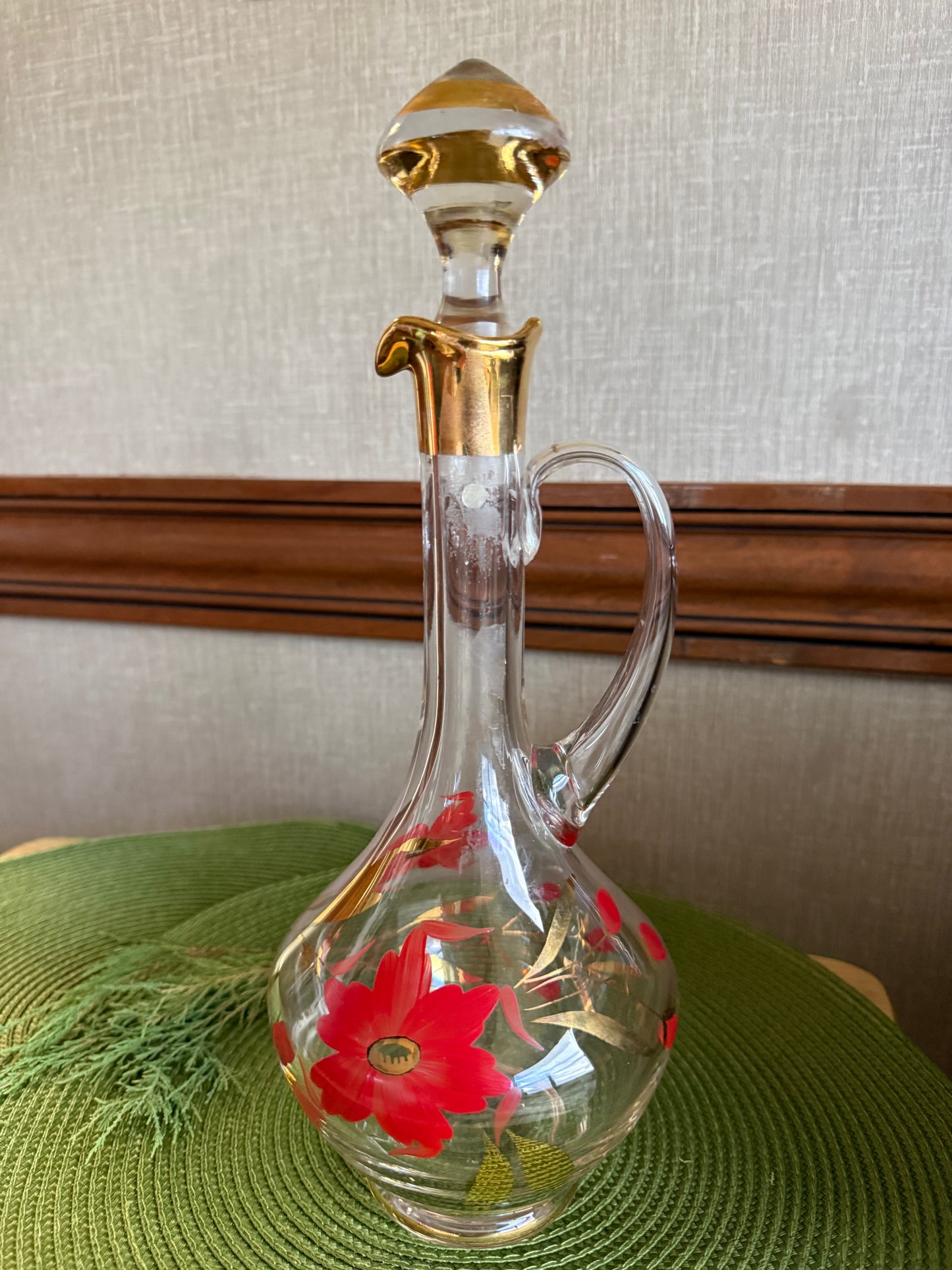 Vintage Mid-Century Hungarian Hand-Painted Glass Decanter with Red Floral Motif & Gold Trim