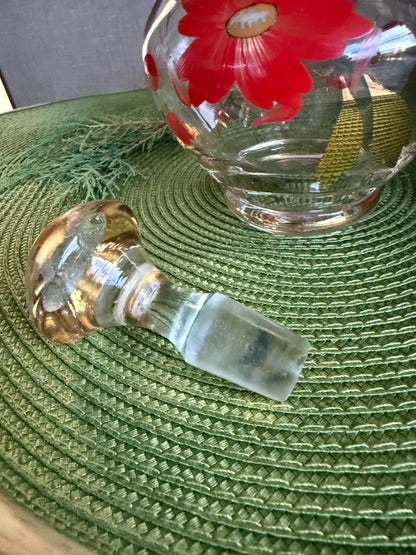 Vintage Mid-Century Hungarian Hand-Painted Glass Decanter with Red Floral Motif & Gold Trim