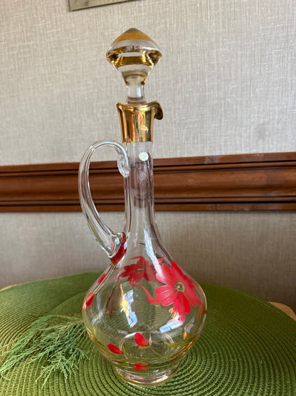 Vintage Mid-Century Hungarian Hand-Painted Glass Decanter with Red Floral Motif & Gold Trim