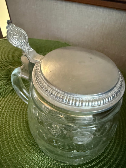 Vintage Original BMF Bierseidel Clear Glass Beer Stein Mug with Pewter Lid, West Germany