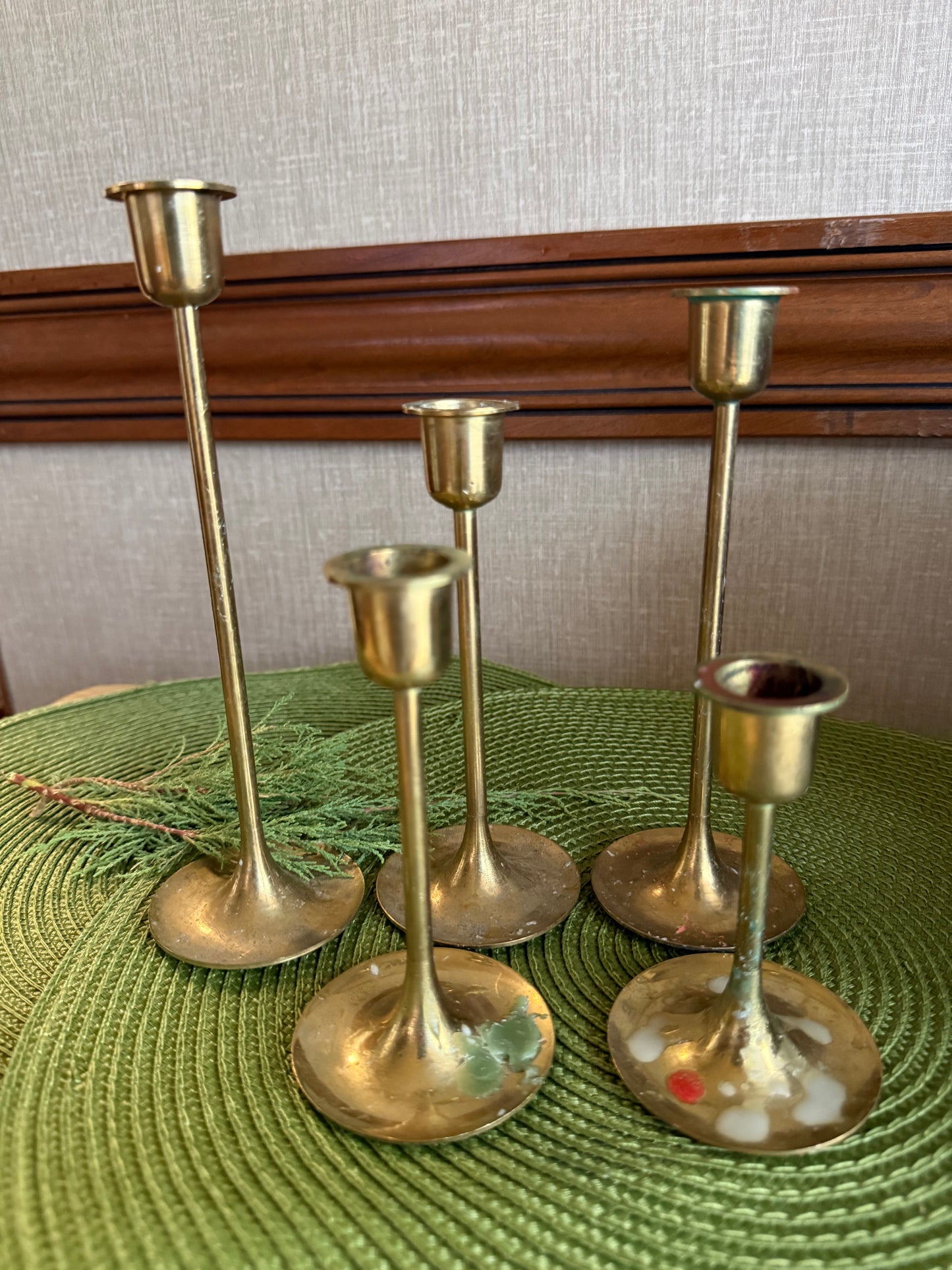 Vintage MCM Graduated Trumpet Brass Candlestick Holders, Set of 5