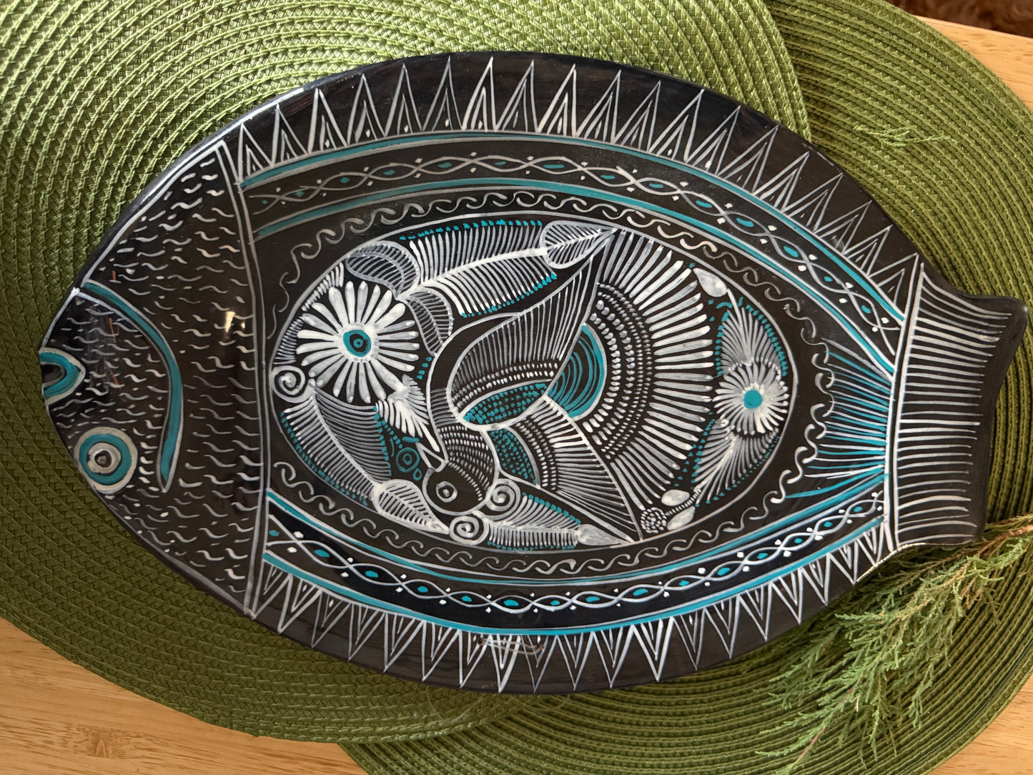 Vintage Mexican Folk Art Sgraffito Ceramic Fish Platter