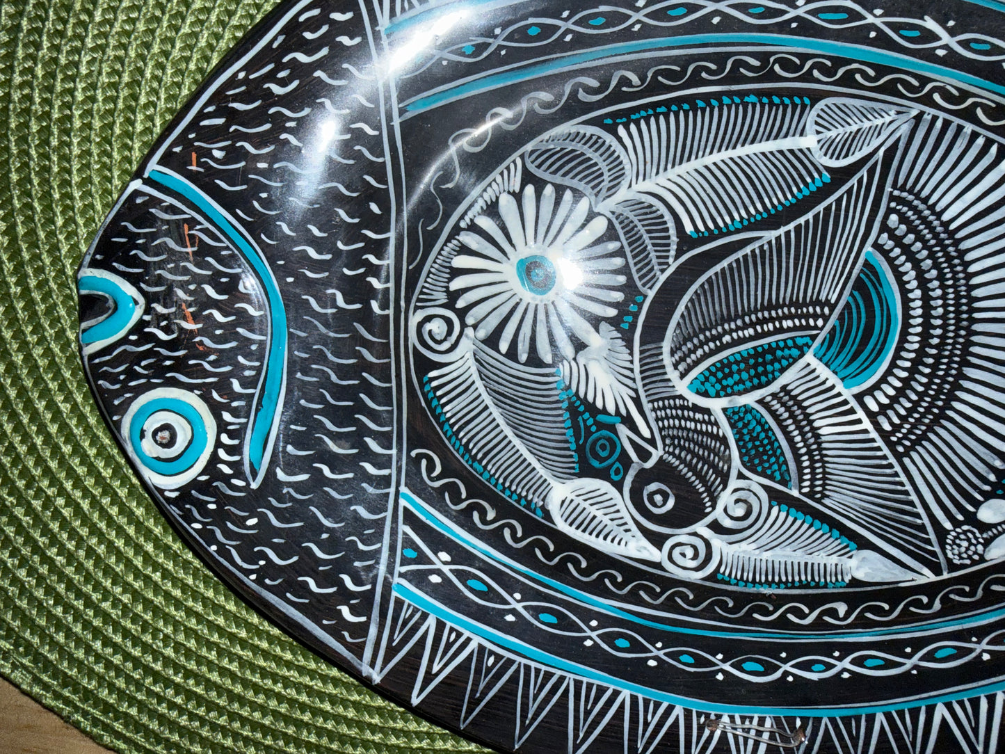 Vintage Mexican Folk Art Sgraffito Ceramic Fish Platter