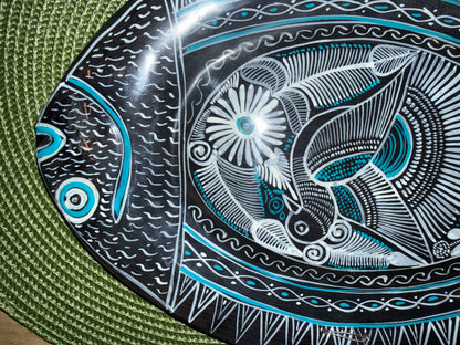 Vintage Mexican Folk Art Sgraffito Ceramic Fish Platter