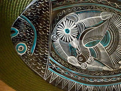 Vintage Mexican Folk Art Sgraffito Ceramic Fish Platter