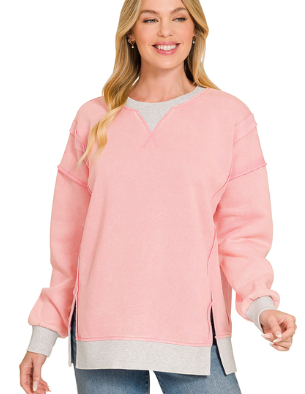 Fleece acid washed contrast trim pullover