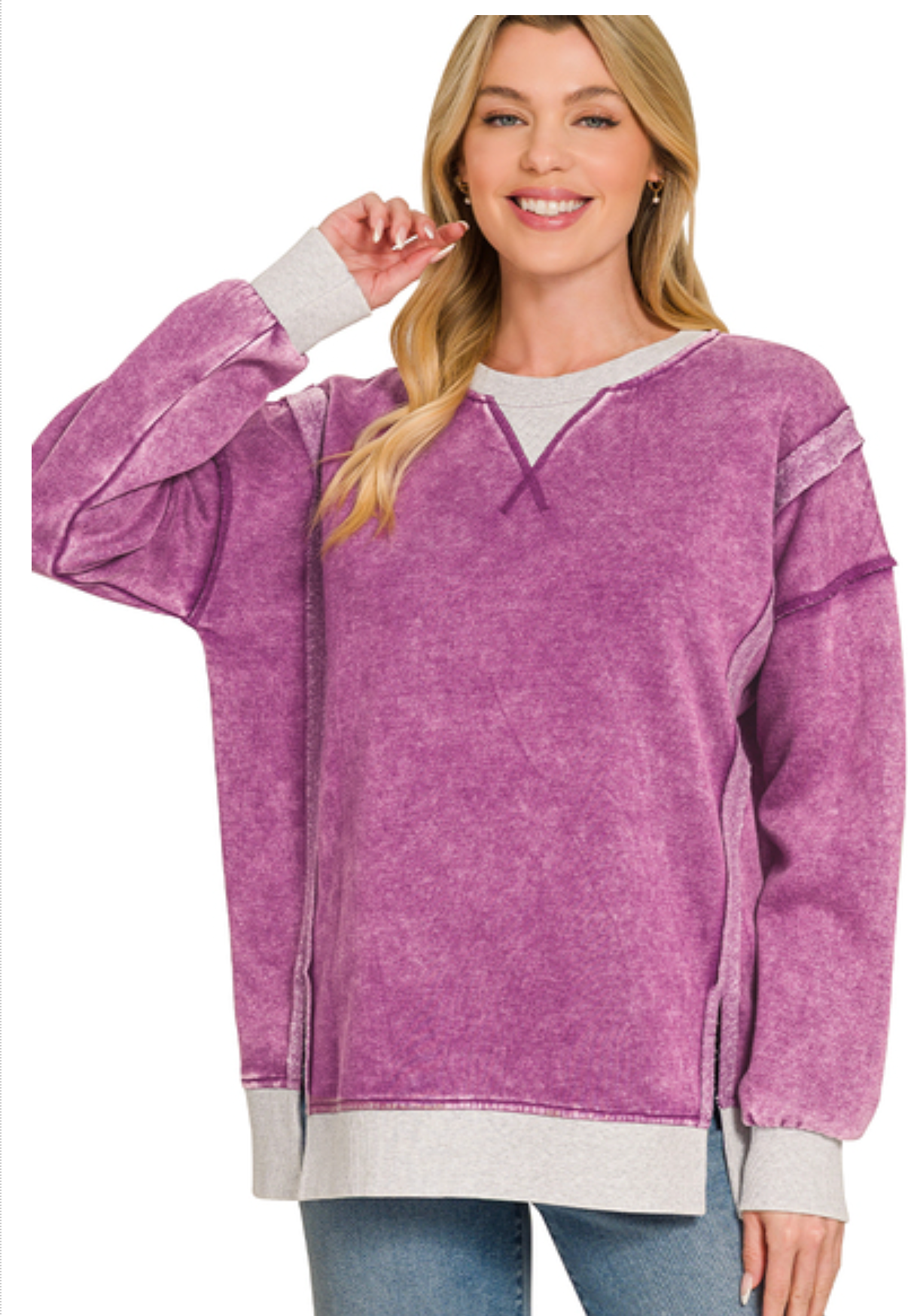 Fleece acid washed contrast trim pullover