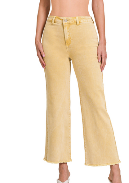 Acid washed frayed cutoff hem straight wide pants