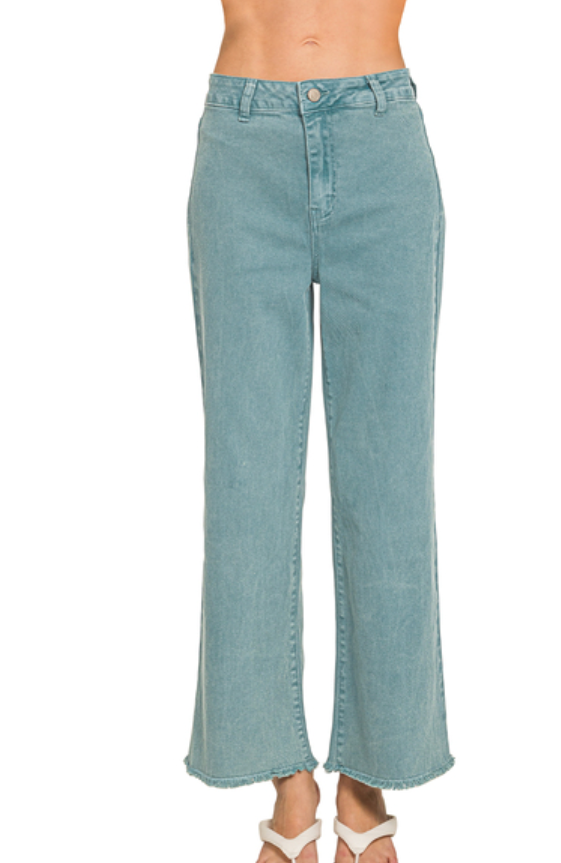 Acid washed frayed cutoff hem straight wide pants