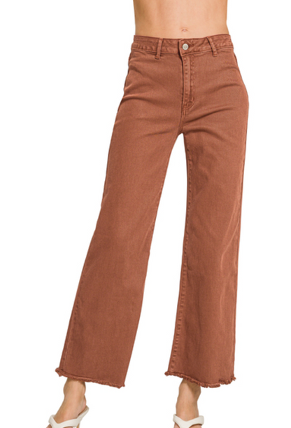 Acid washed frayed cutoff hem straight wide pants