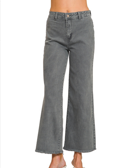 Acid washed frayed cutoff hem straight wide pants