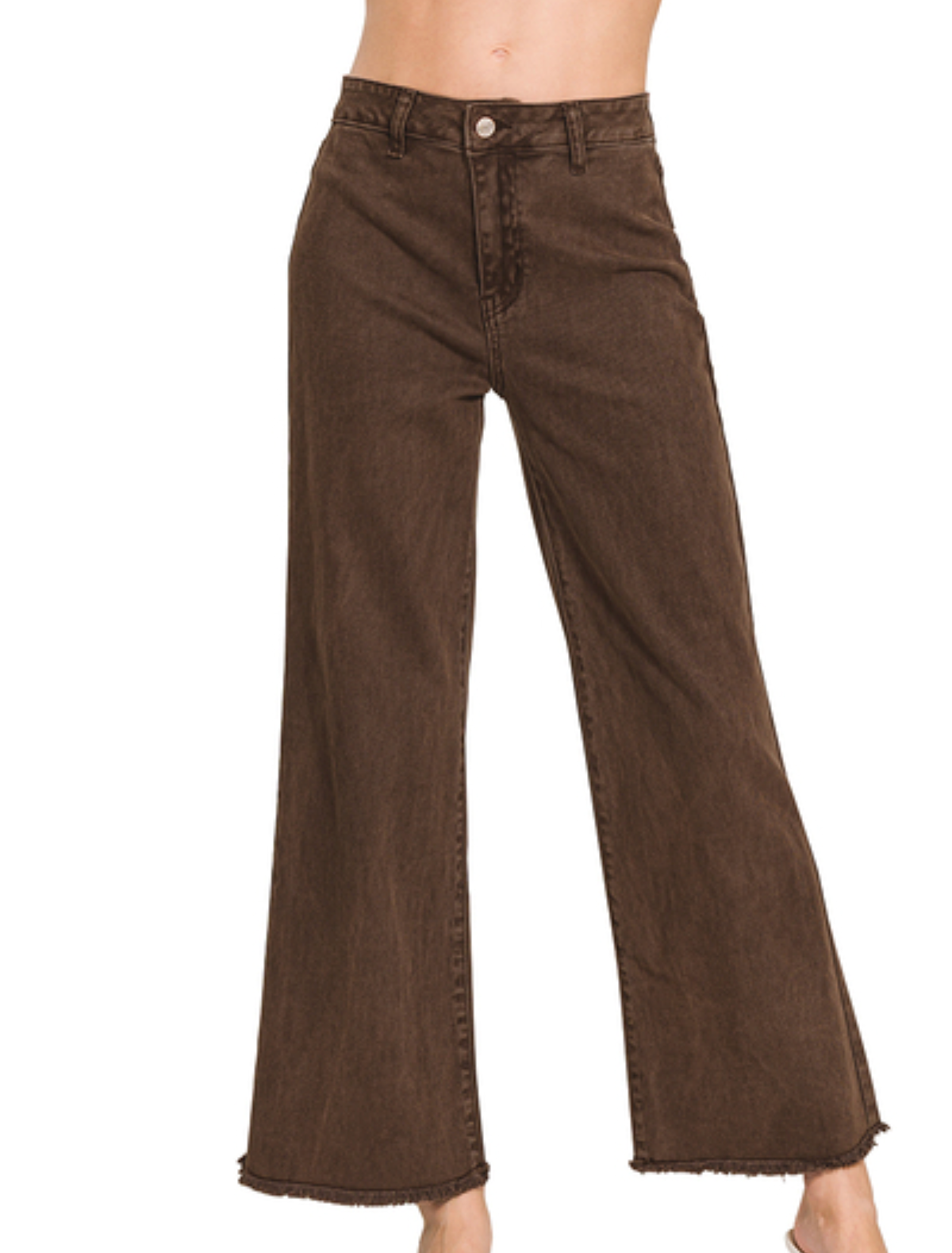 Acid washed frayed cutoff hem straight wide pants
