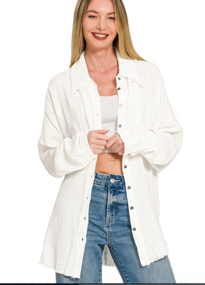 DOUBLE GAUZE OVERSIZED RAW EDGE SHIRT