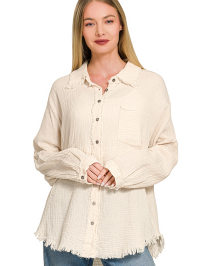 DOUBLE GAUZE OVERSIZED RAW EDGE SHIRT