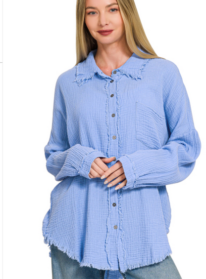 DOUBLE GAUZE OVERSIZED RAW EDGE SHIRT