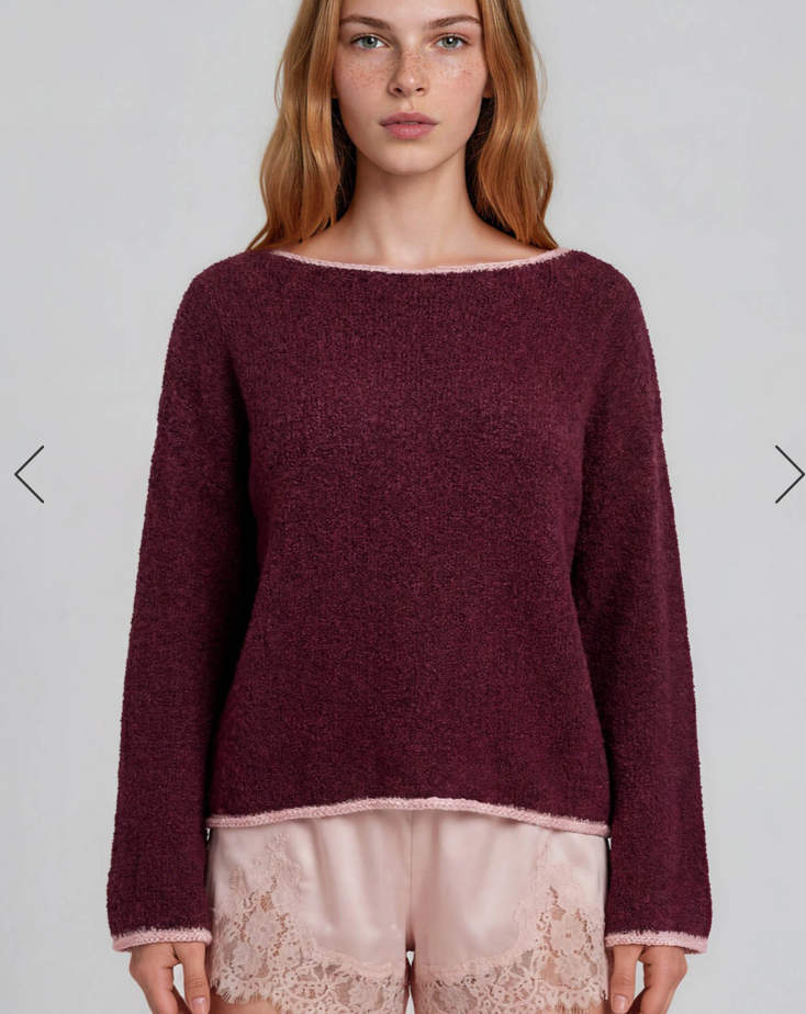 Boat Neck Contrast Trim Long Sleeve Knit Sweater