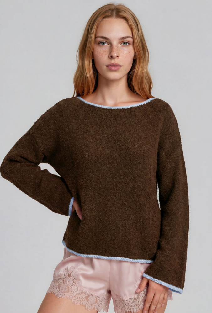 Boat Neck Contrast Trim Long Sleeve Knit Sweater