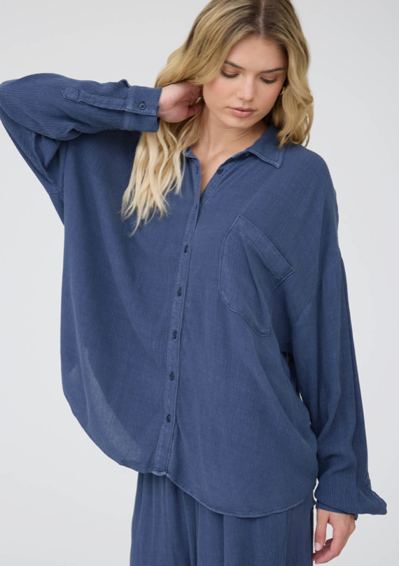 Crinkle Collared Long Sleeve Button Down