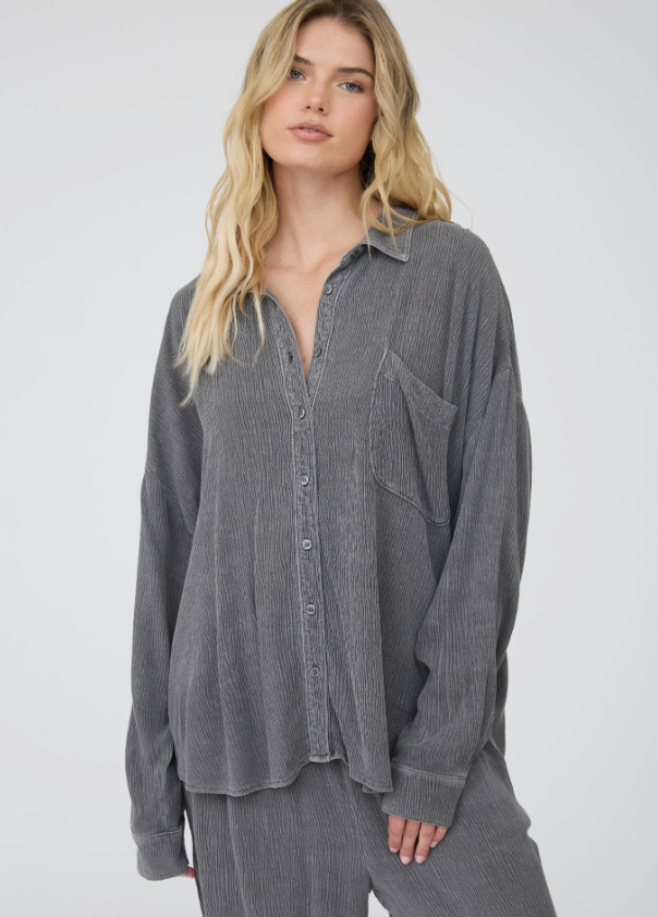 Crinkle Collared Long Sleeve Button Down