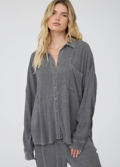 Crinkle Collared Long Sleeve Button Down