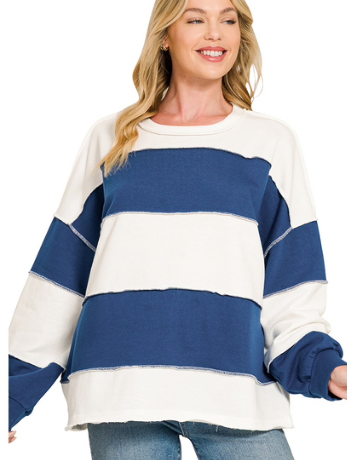 French terry color block exposed seam top
