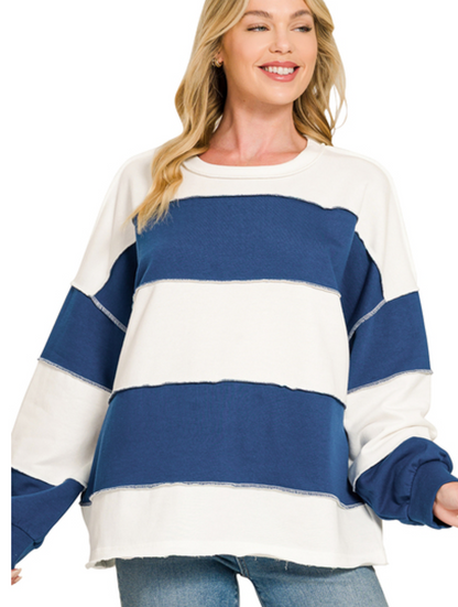 French terry color block exposed seam top