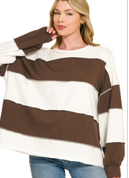 French terry color block exposed seam top