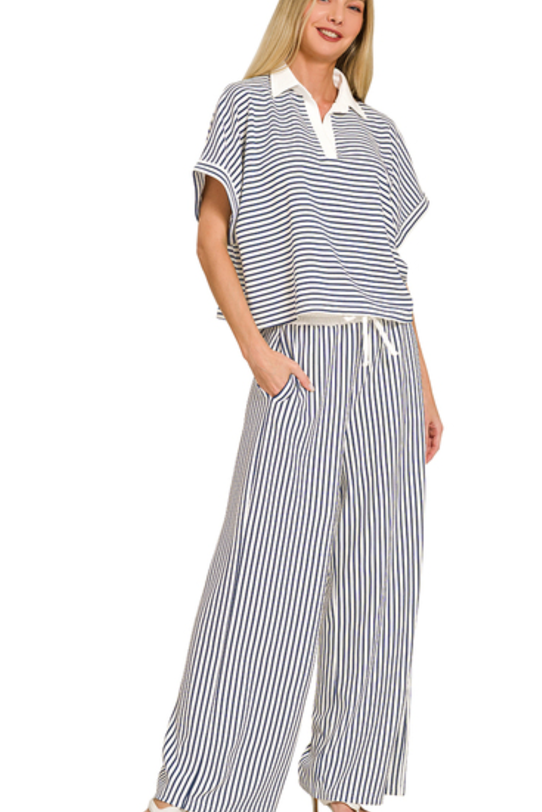 Striped split neck collared top & pants set