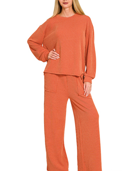 Raised rib round neck pullover & pants set