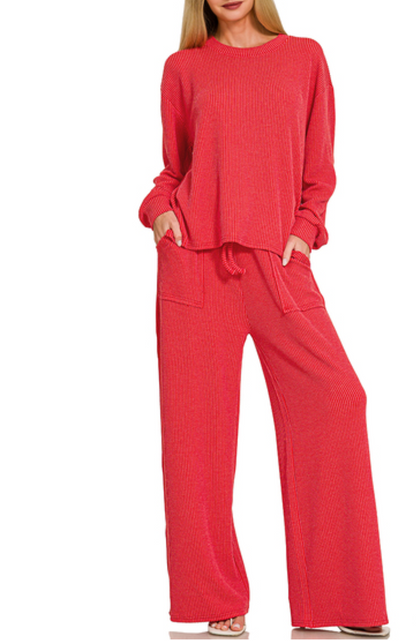 Raised rib round neck pullover & pants set