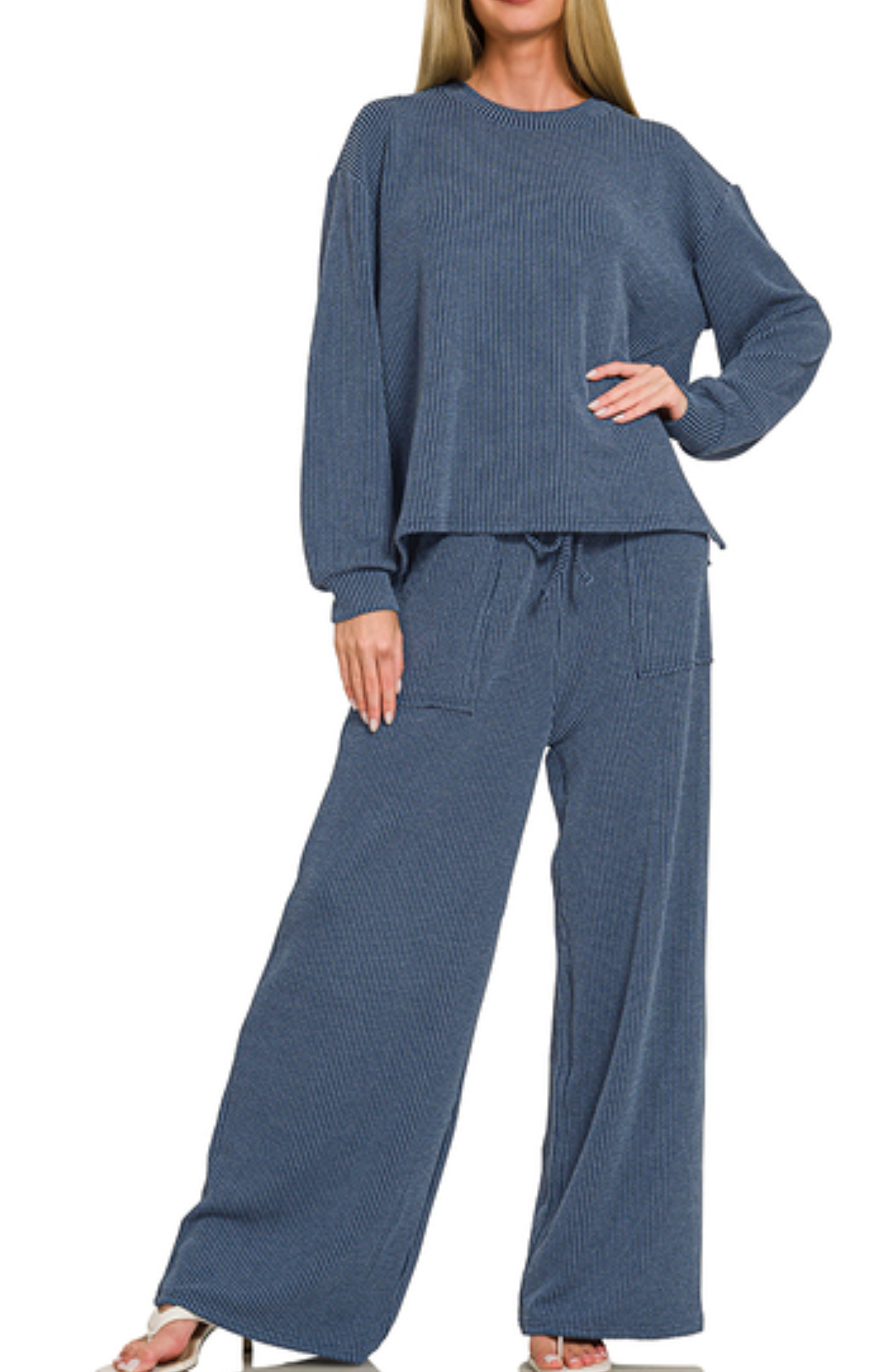Raised rib round neck pullover & pants set