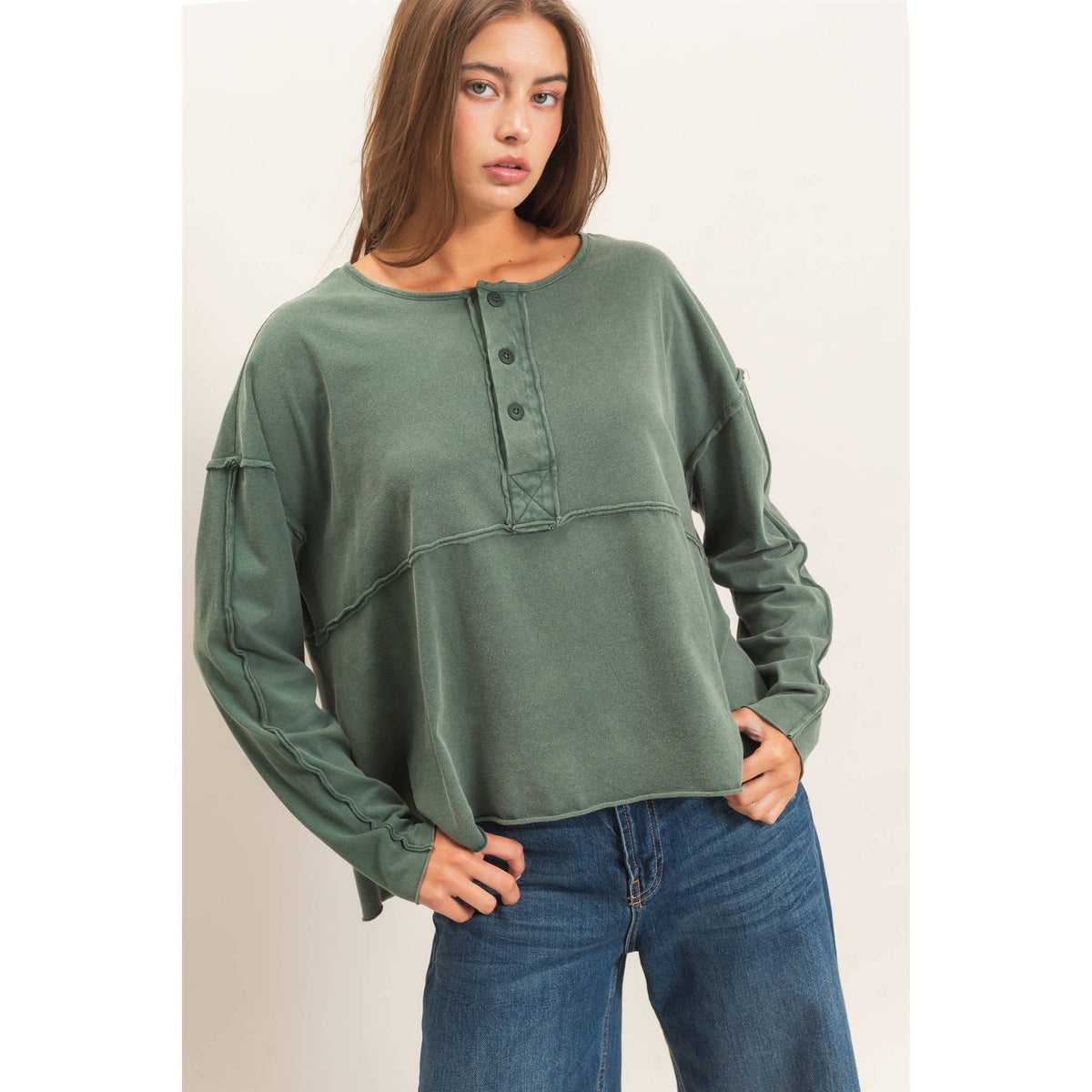Oversized Henley Top With Raw Edges