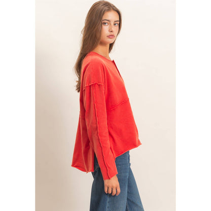 Oversized Henley Top With Raw Edges