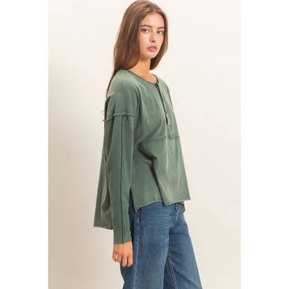 Oversized Henley Top With Raw Edges