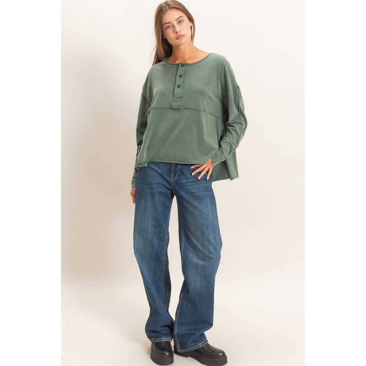 Oversized Henley Top With Raw Edges